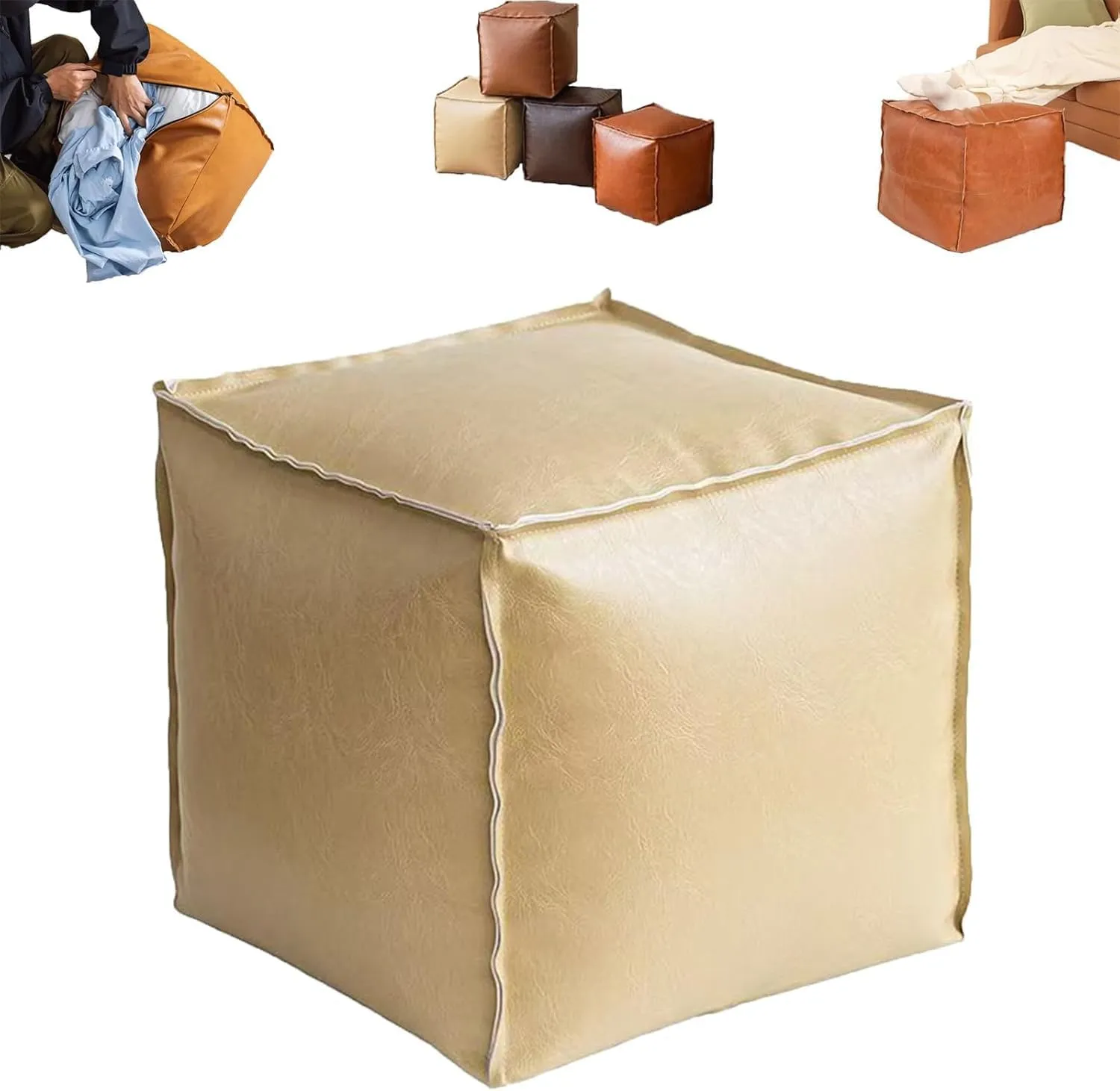 MUGUOY Stuffable Cushion Bag, 16 Inch Faux Leather Floor Footrest Cushion Storage Bag, Oil Waxed Leather Cube Bean Bag Ottoman, Store Idle Clothes,Plush Toy, for Living Bedrooms (Beige)
