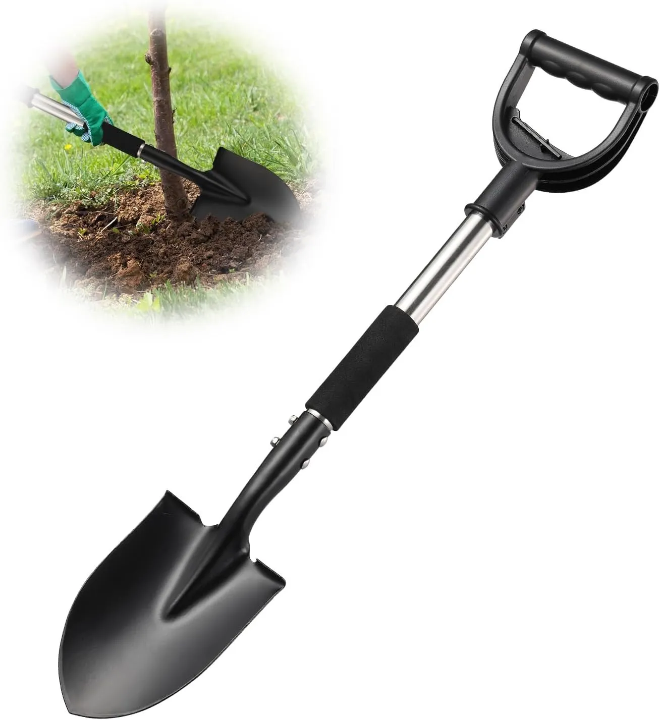 Multi-Task Small Shovel 31" - D-Handle Ergonomic Design for Raised Garden Beds, Outdoor Compact Spaces & Family Camping (Rustproof & Ultra-Light), Silver