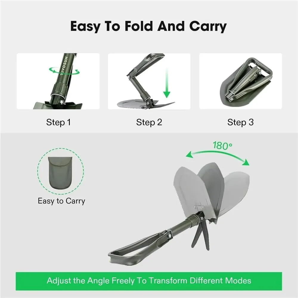Multifunctional Folding Camping Shovel with Storage Bag Carbon Steel Style Entrenching Tool for Camping Gardening(Green-Medium)