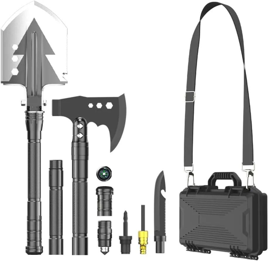 Multifunctional Folding Tactical Shovel Outdoor Survival Shovel Set Carbon Steel Suitable for Outdoor Camping Off-Road Hiking Backpack Emergency (SD14X-2-F8)