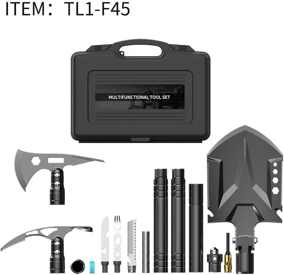 Multifunctional Folding Tactical Shovel Outdoor Survival Shovel Set Carbon Steel Suitable for Outdoor Camping Off-Road Hiking Backpack Emergency (TL1-F45)