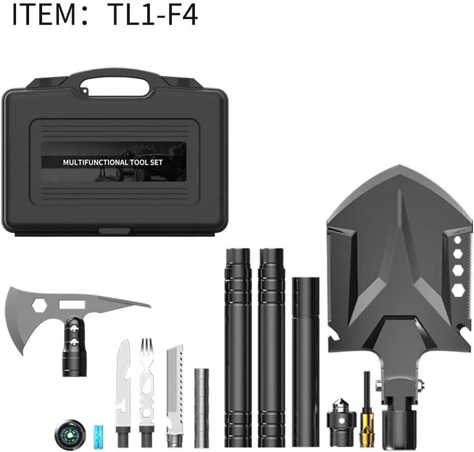 Multifunctional Folding Tactical Shovel Outdoor Survival Shovel Set Carbon Steel Suitable for Outdoor Camping Off-Road Hiking Backpack Emergency (TL1-F4)