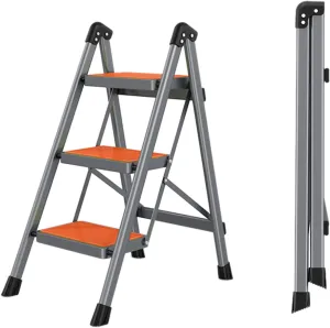 Multifunctional Herringbone Ladder Non-Slip Pedal Climbing Ladder Foldable Portable Stair Stool Two-Way Non-Slip Foot pad (Color : Orange, Size : 3-Step)