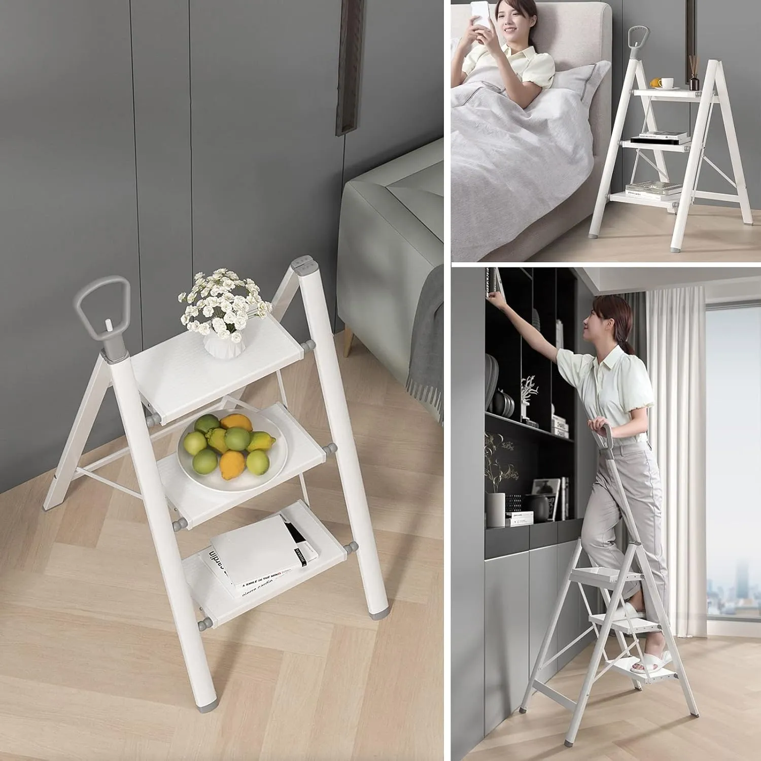 Multifunctional Lightweight Herringbone Ladder Folding Ladder Household High Stool with Telescopic Armrest, White/Black (Color : Black Color, Size : 3-Step Ladder)
