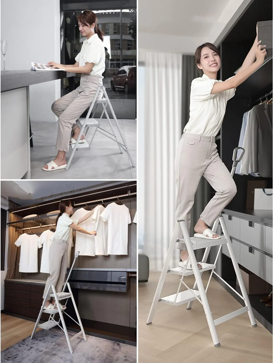 Multifunctional Lightweight Herringbone Ladder Folding Ladder Household High Stool with Telescopic Armrest, White/Black (Color : Black Color, Size : 3-Step Ladder)