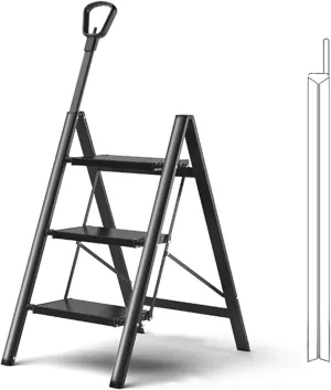 Multifunctional Lightweight Herringbone Ladder Folding Ladder Household High Stool with Telescopic Armrest, White/Black (Color : Black Color, Size : 3-Step Ladder)