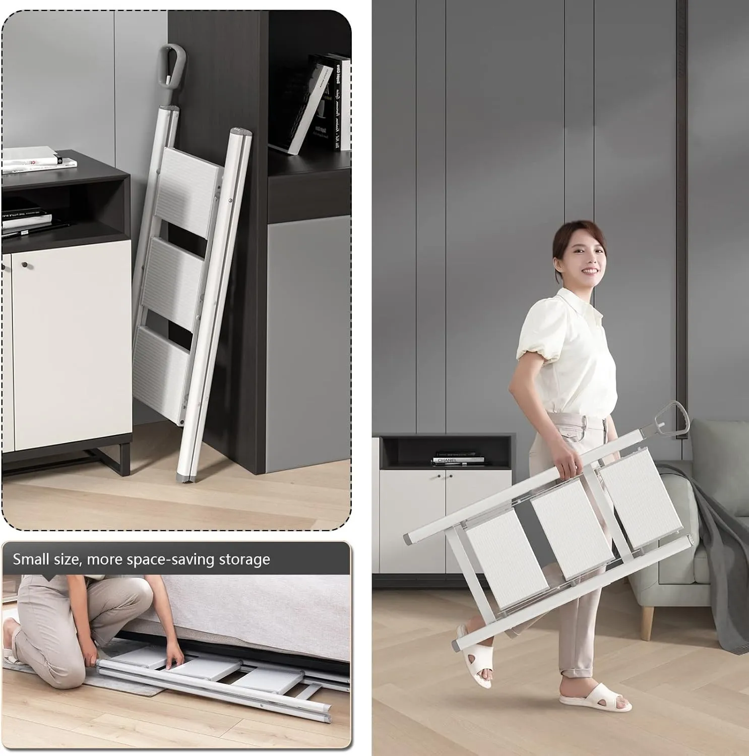 Multifunctional Lightweight Herringbone Ladder Folding Ladder Household High Stool with Telescopic Armrest, White/Black (Color : Black Color, Size : 3-Step Ladder)