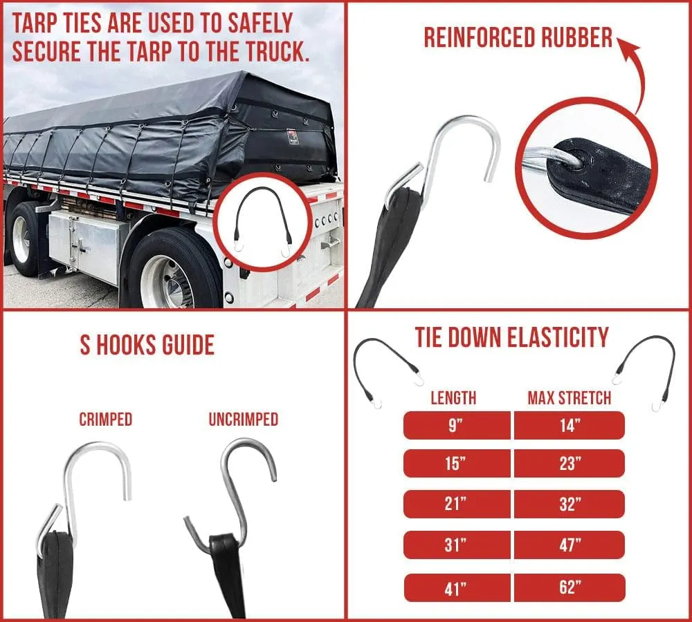 Mytee Products 21" EPDM Tarp Bungee Straps Crimped Hooks -50 Pack