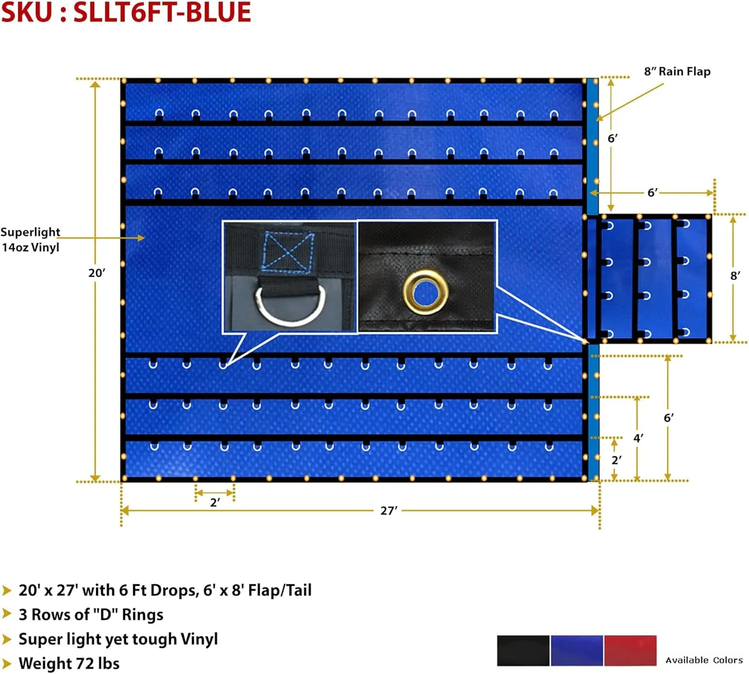 Mytee Products Lightweight 14 Ounce Blue Lumber Tarp 20 FT x 27 FT with 6 FT Drop for Flatbed Truck Trailer - Superlight & Waterproof Vinyl Tarp for Flatbed Cargo Protection