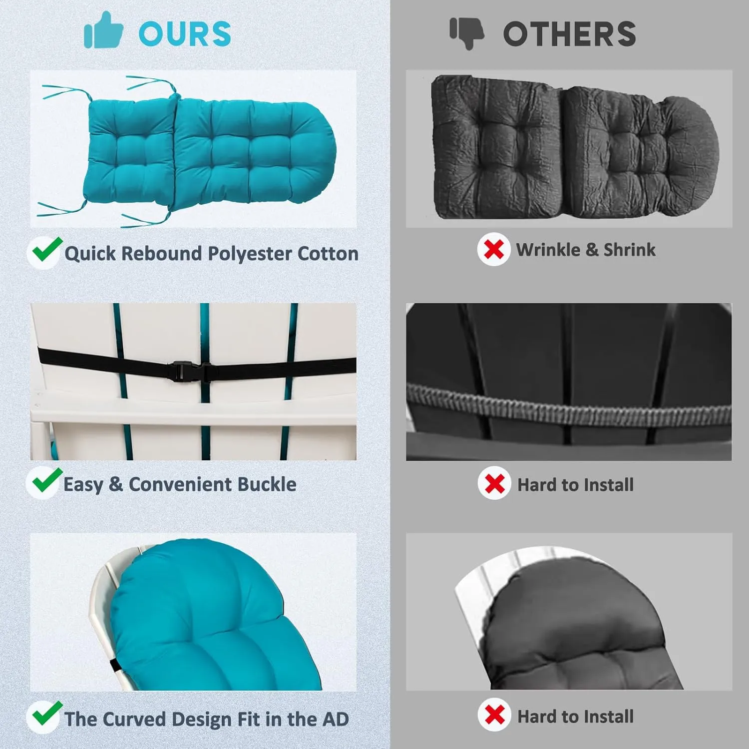 nalone 2 Pack Adirondack Cushion Rocking Chair Cushions High Back Adirondack Chair Cushion with Ties Patio Cushions for Outdoor Furniture (2 Pack, Blue)
