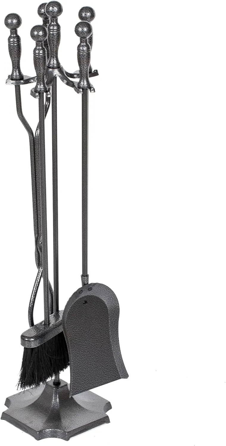 nalone 5 Pieces Fireplace Tools Set, Wrought Iron with Silver Pattern Fireplace Accessories Set with Poker, Tong, Shovel, Brush, Fire Place Tools Indoor Outdoor (Grey)
