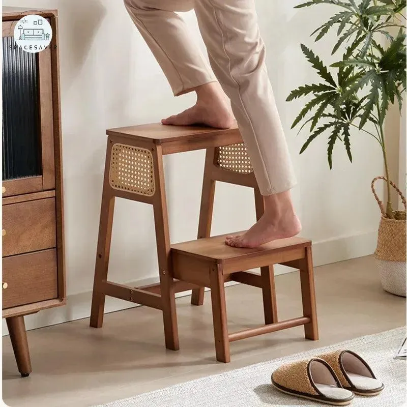 Natural Bamboo Herringbone Ladder Stool | Multi-functional Kitchen Resin Rattan Step Stool