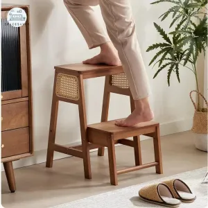 Natural Bamboo Herringbone Ladder Stool | Multi-functional Kitchen Resin Rattan Step Stool