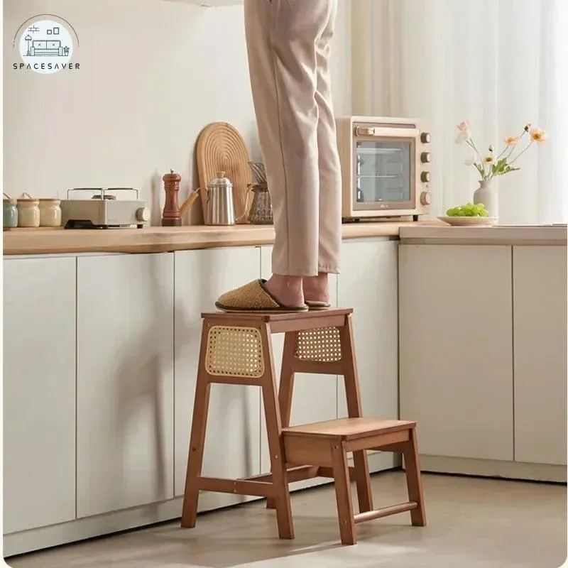 Natural Bamboo Herringbone Ladder Stool | Multi-functional Kitchen Resin Rattan Step Stool