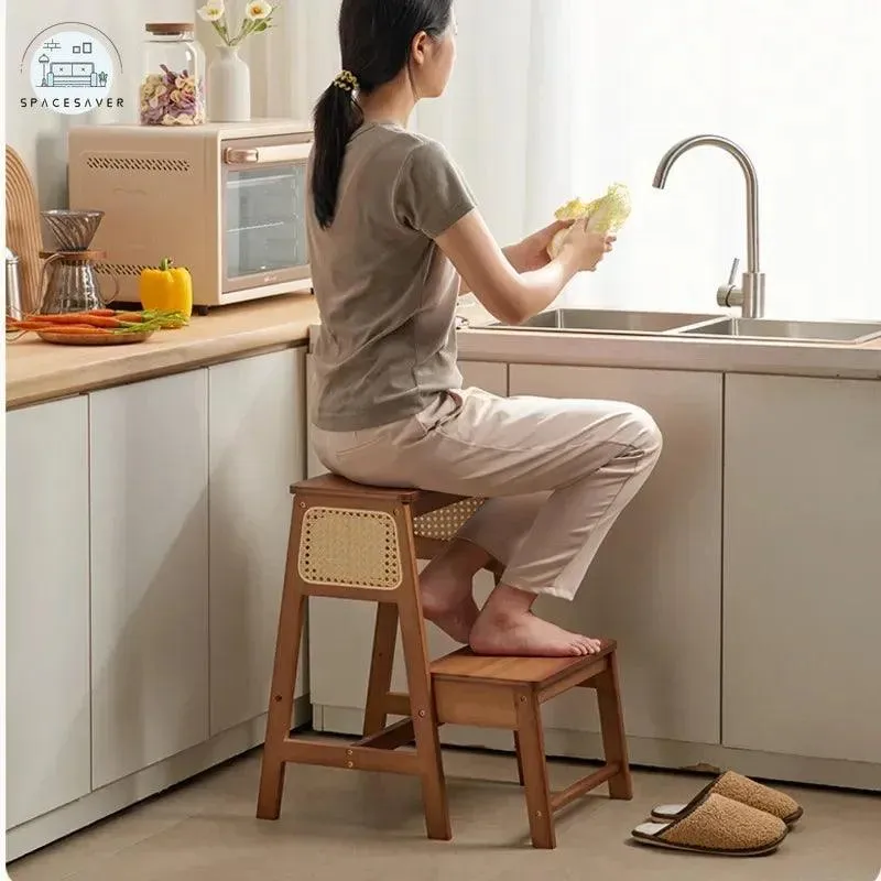Natural Bamboo Herringbone Ladder Stool | Multi-functional Kitchen Resin Rattan Step Stool