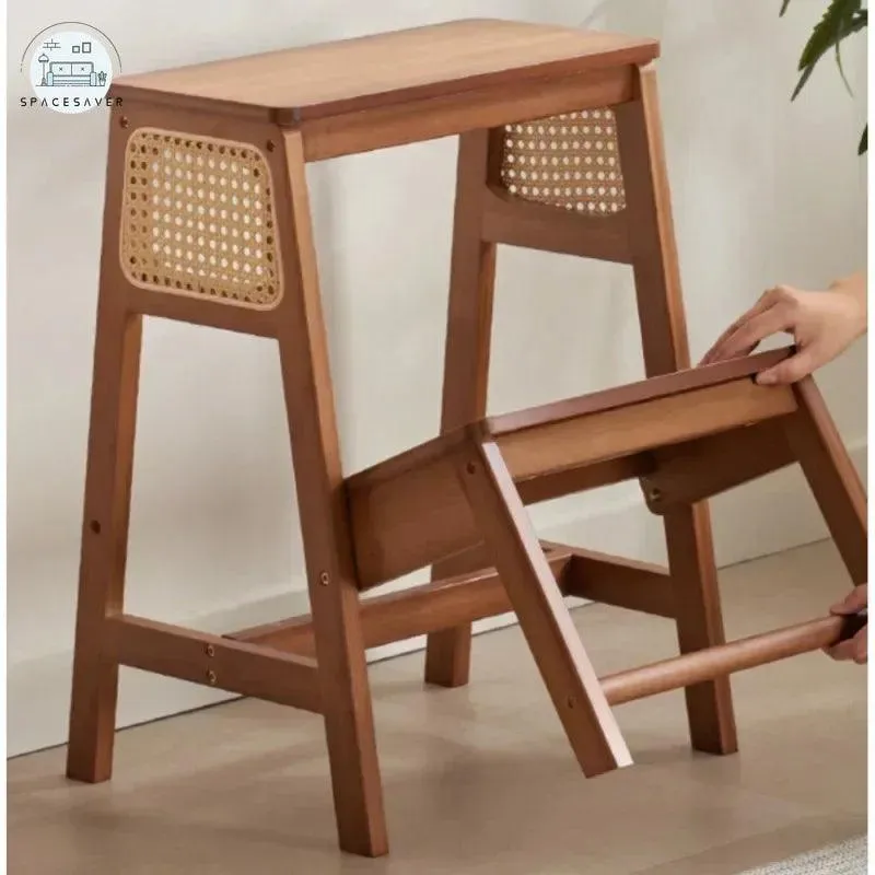 Natural Bamboo Herringbone Ladder Stool | Multi-functional Kitchen Resin Rattan Step Stool
