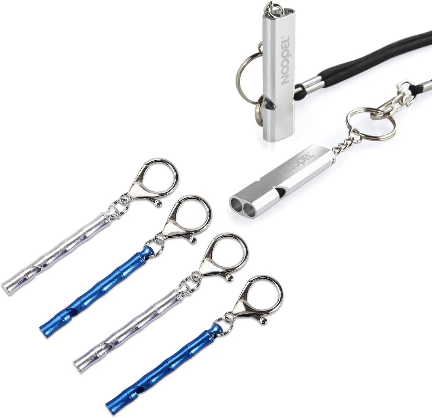 Noopel 2 Pack Emergency Whistles Lifeguard Safety Whistle with Lanyard and Keychain and 4 Pack Whistle for Teachers with Keychain