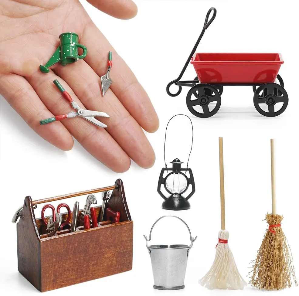 Odoria Miniature Gardening Tools Set: 1/12 Scale Dollhouse Toolbox Metal for Gnome Fairy Garden Outdoor - Mini Cleaning Supplies with Broom Witch Christmas Elf 17Pcs