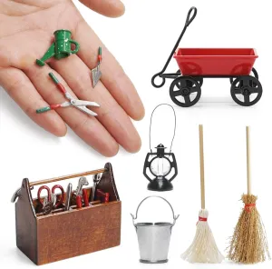Odoria Miniature Gardening Tools Set: 1/12 Scale Dollhouse Toolbox Metal for Gnome Fairy Garden Outdoor - Mini Cleaning Supplies with Broom Witch Christmas Elf 17Pcs