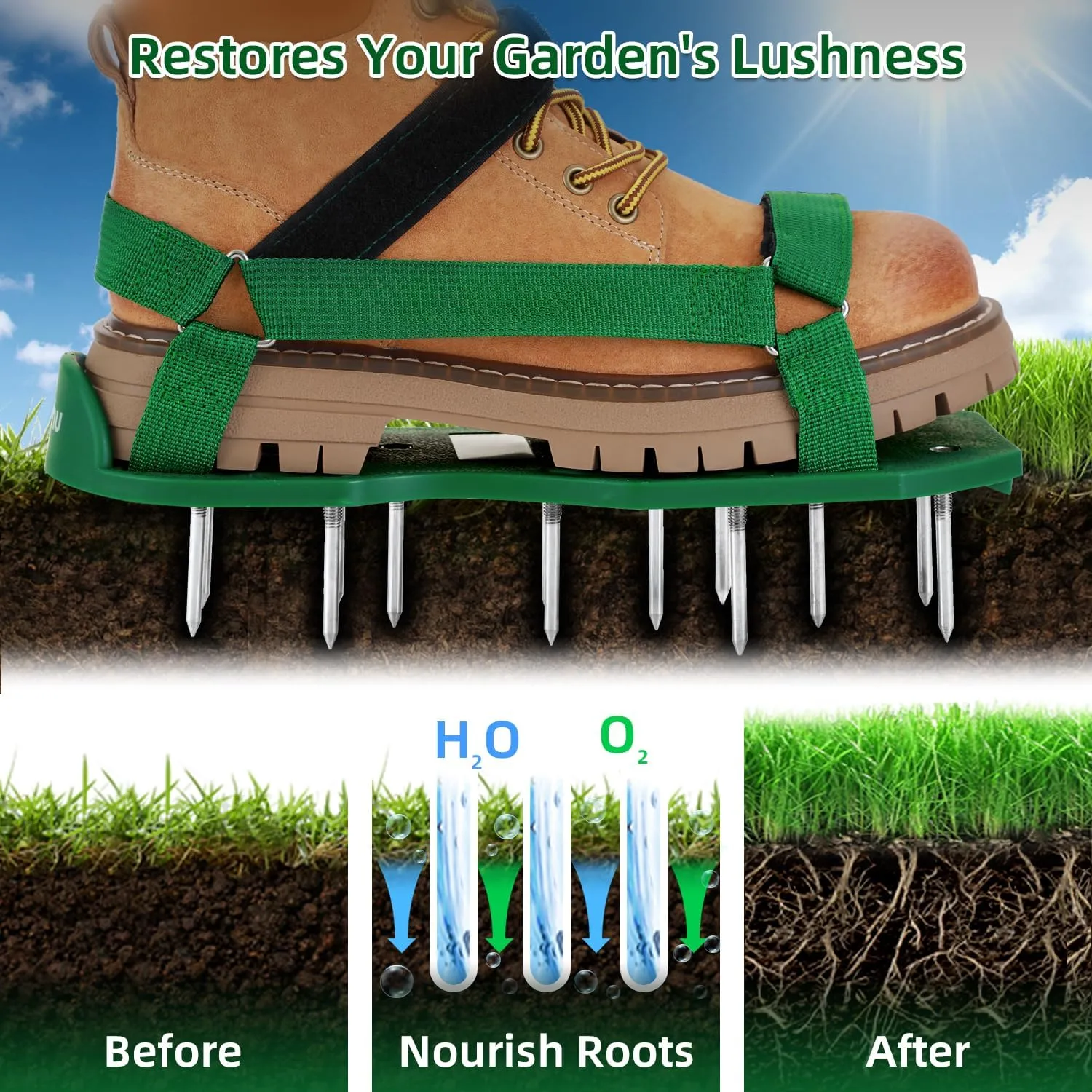 Ohuhu Lawn Aerator Shoes for Grass: Free-Installation Aeration Shoes with Stainless Steel Shovel, Heavy Duty Spike Aerating Sandals Lawn Equipment Tool with Hook & Loop Straps for Yard Patio Garden