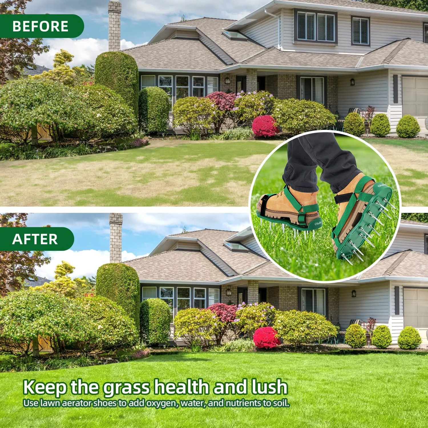Ohuhu Lawn Aerator Shoes for Grass: Free-Installation Aeration Shoes with Stainless Steel Shovel, Heavy Duty Spike Aerating Sandals Lawn Equipment Tool with Hook & Loop Straps for Yard Patio Garden