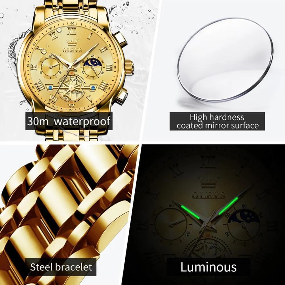OLEVS Mens Watches Waterproof Stainless Steel Adjustable Bracelet Watch Quartz Analog Watch for Men Fashion Business Classic Mens's Wrist watch's Casual Watches Gold/Blue/Black/White/Face/Dial