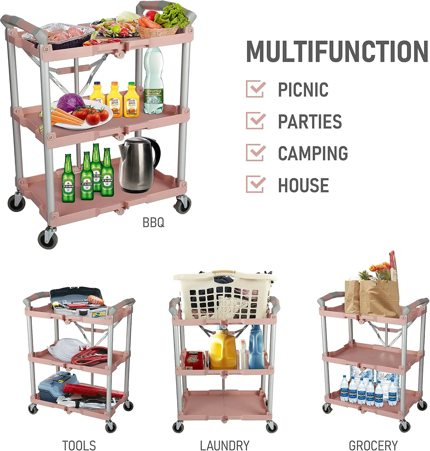 Olympia Tools 89-350 Pack-N-Roll Folding Collapsible Service Cart, 150LB Capacity, Rose
