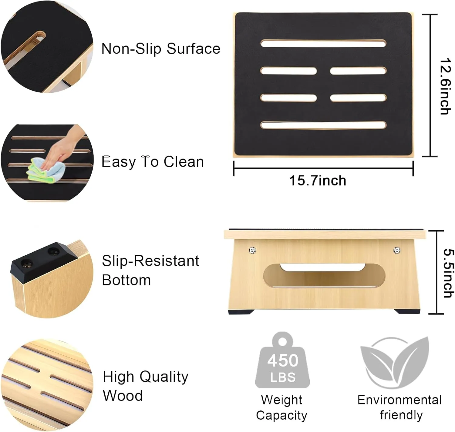 One Step Stool for Adults Seniors with Non-Slip Rubber Step Surface, 5.5" Heavy Duty Wooden Stepping Stools with 450 LBS Capacity for Bedroom Kitchen Bathroom, Bed Steps for High Beds, Bedside Support