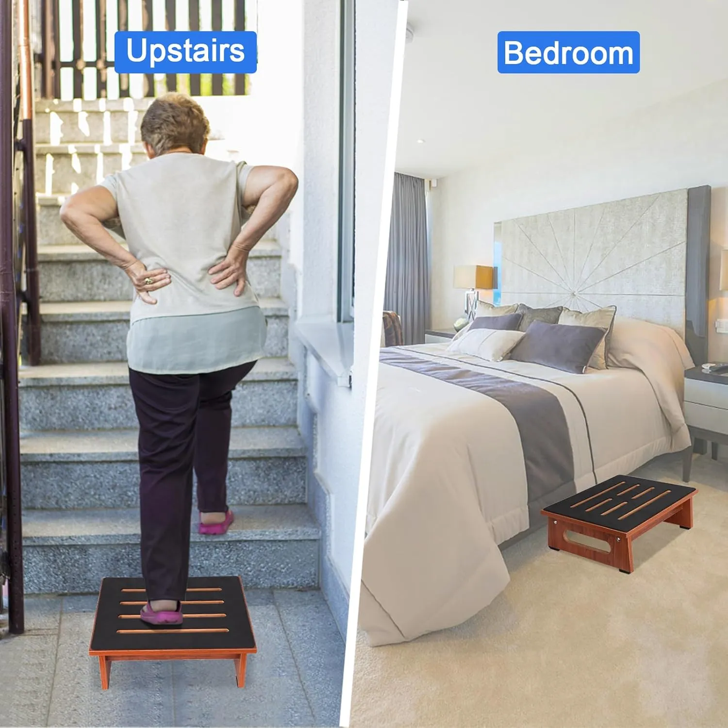 One Step Stool for Adults Seniors with Non-Slip Rubber Stepping Surface, Heavy Duty Wooden Step Stool with 450 LBS Capacity Bed Steps for High Beds, Bathroom, Bedroom, Kitchen & Kids Bedside Support