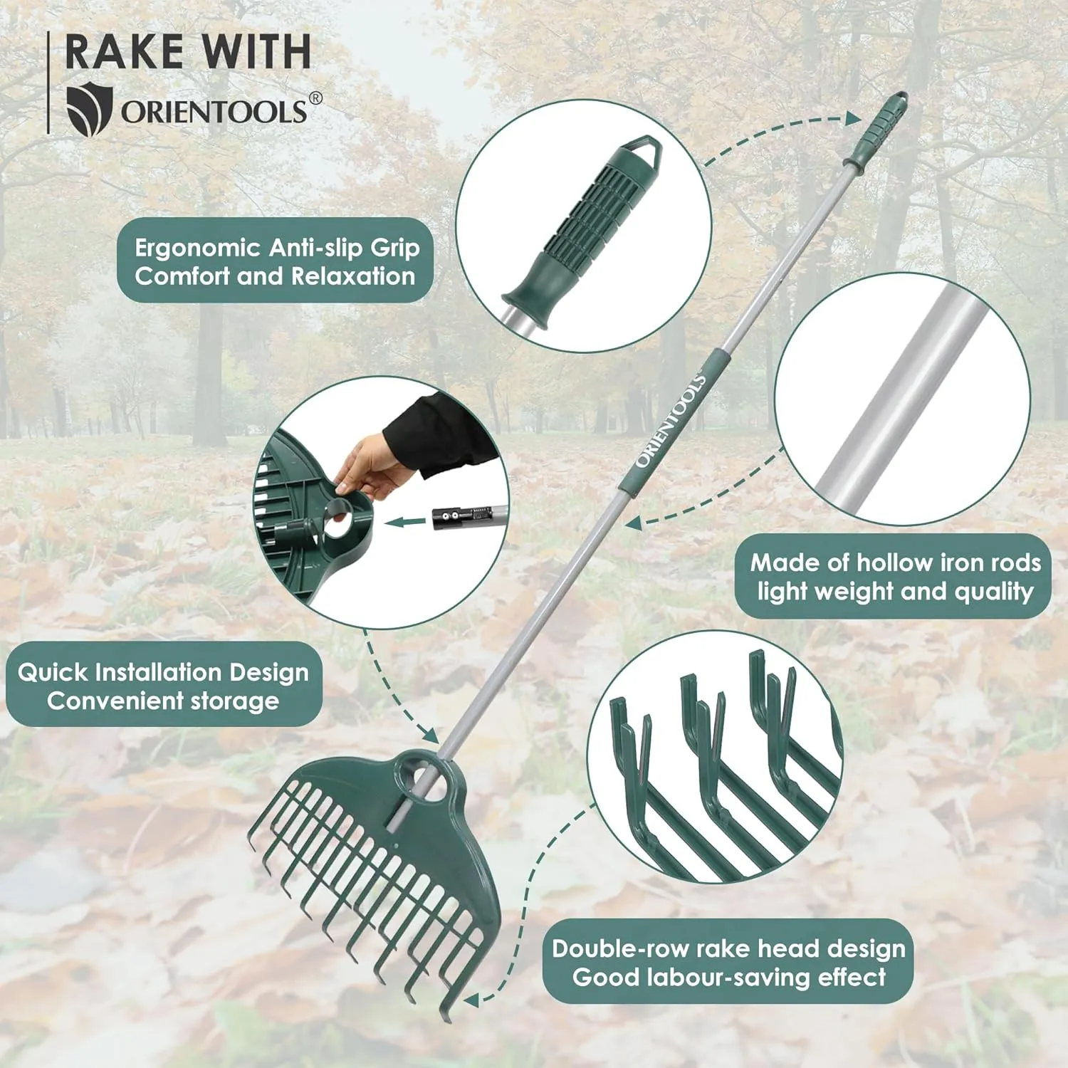 ORIENTOOLS Garden Leaf Rake - 17 Inch Head, Double Row Tine, Lightweight Steel & Poly, Foldable