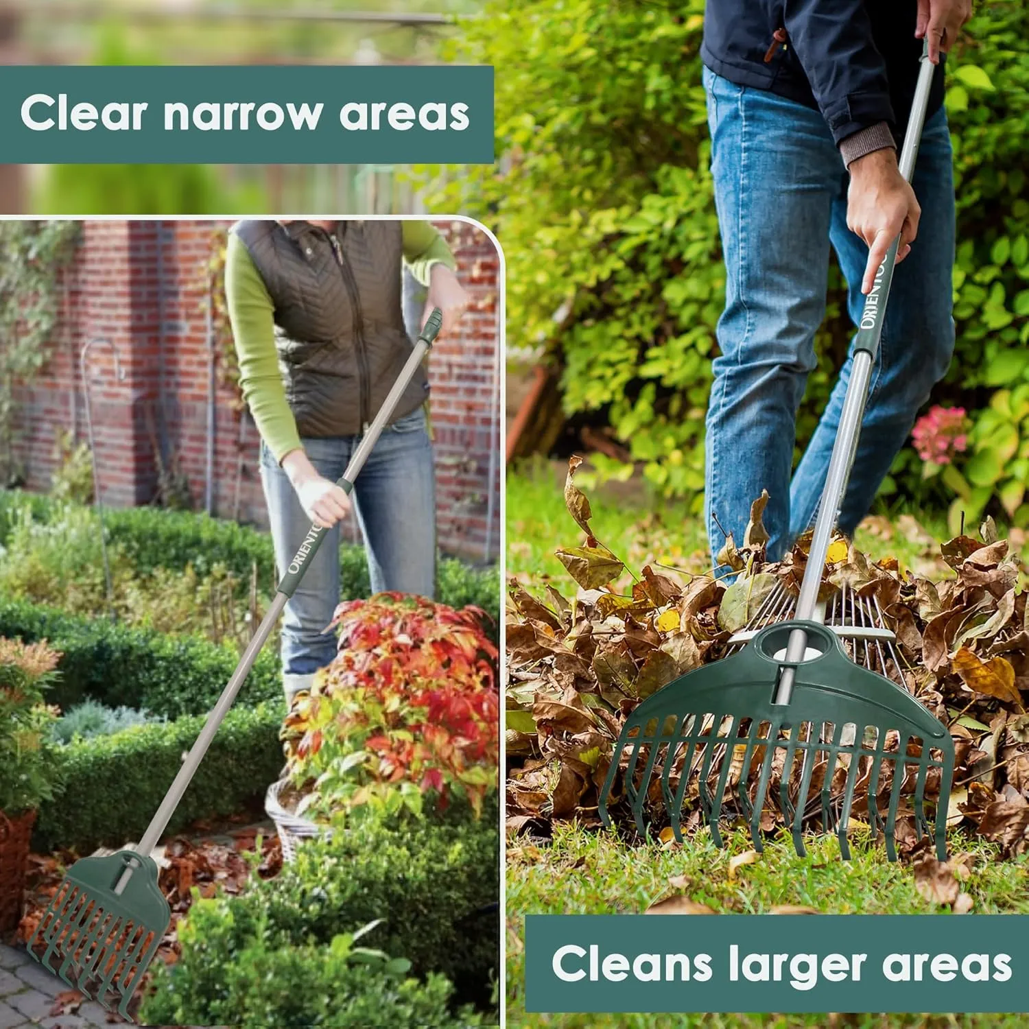 ORIENTOOLS Garden Leaf Rake - 17 Inch Head, Double Row Tine, Lightweight Steel & Poly, Foldable