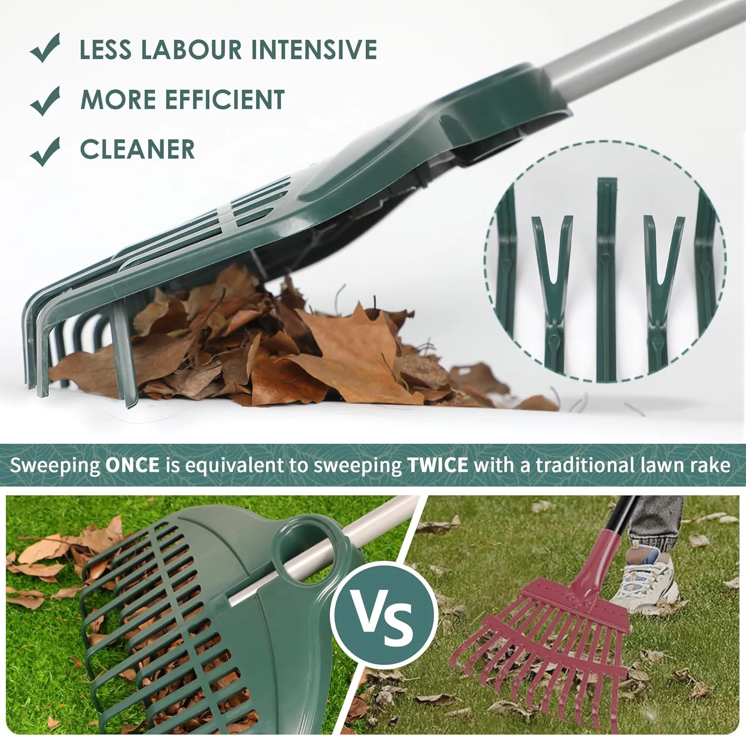 ORIENTOOLS Garden Leaf Rake - 17 Inch Head, Double Row Tine, Lightweight Steel & Poly, Foldable