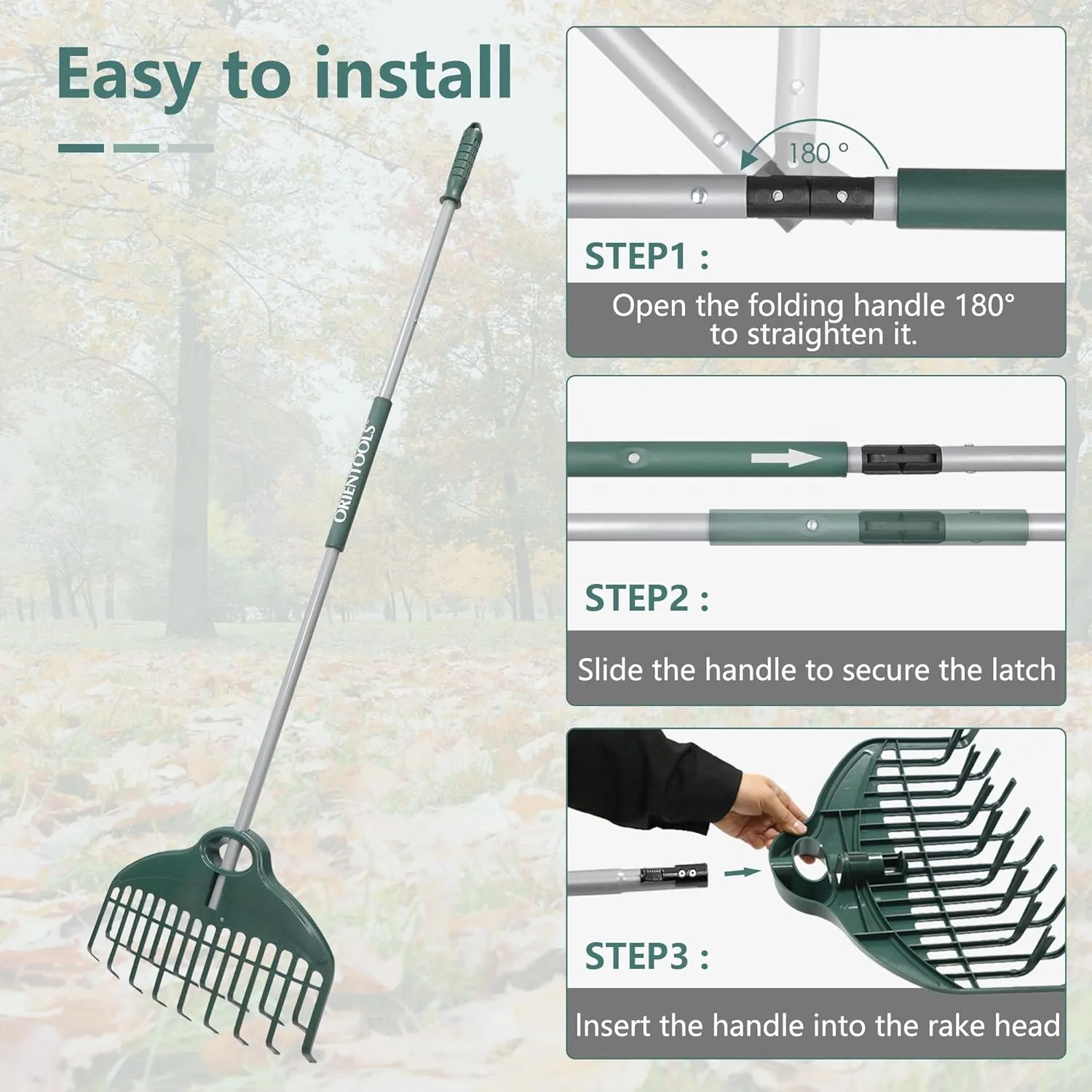 ORIENTOOLS Garden Leaf Rake - 17 Inch Head, Double Row Tine, Lightweight Steel & Poly, Foldable
