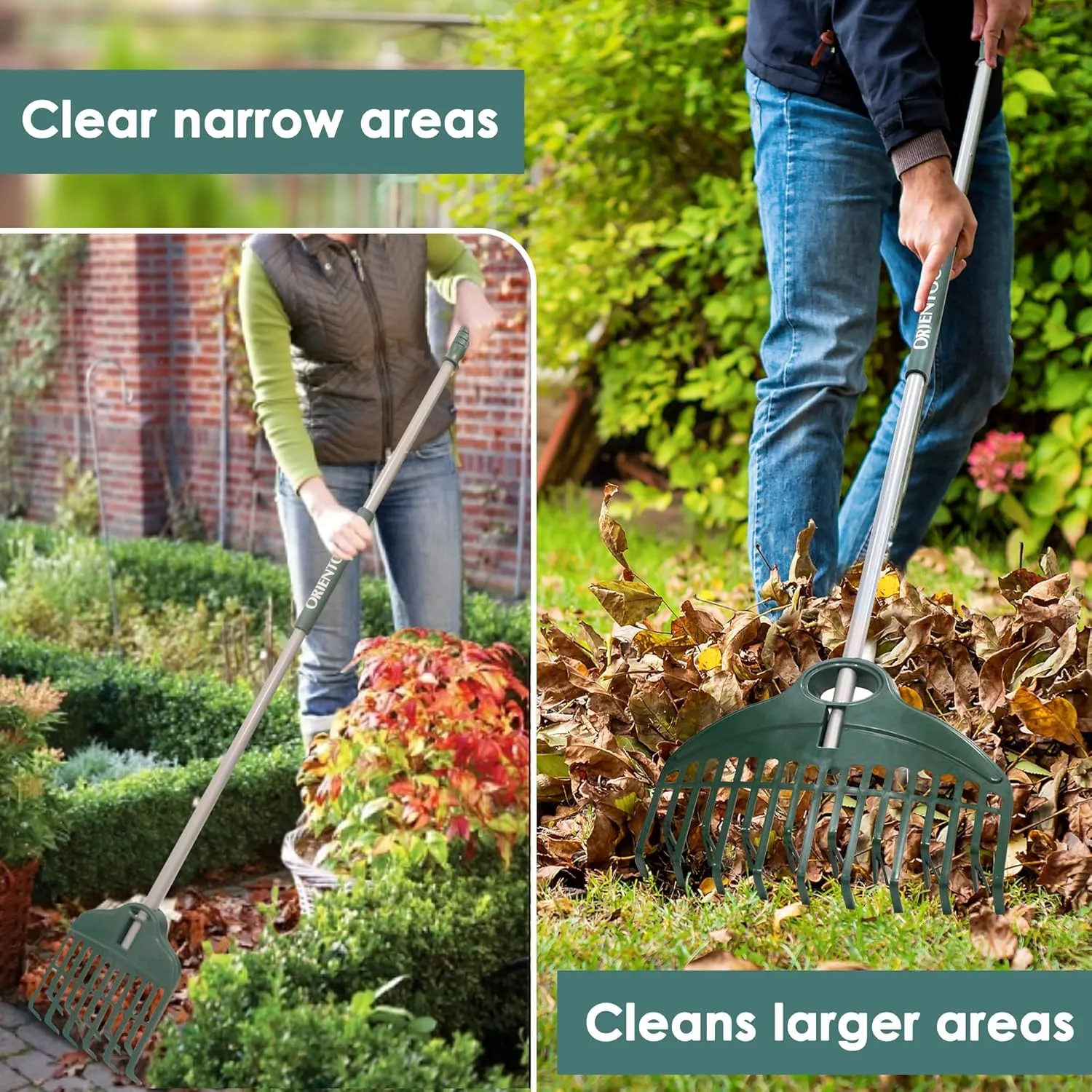 ORIENTOOLS Garden Leaf Rake - 17 Inch Head, Double Row Tine, Lightweight Steel & Poly, Foldable
