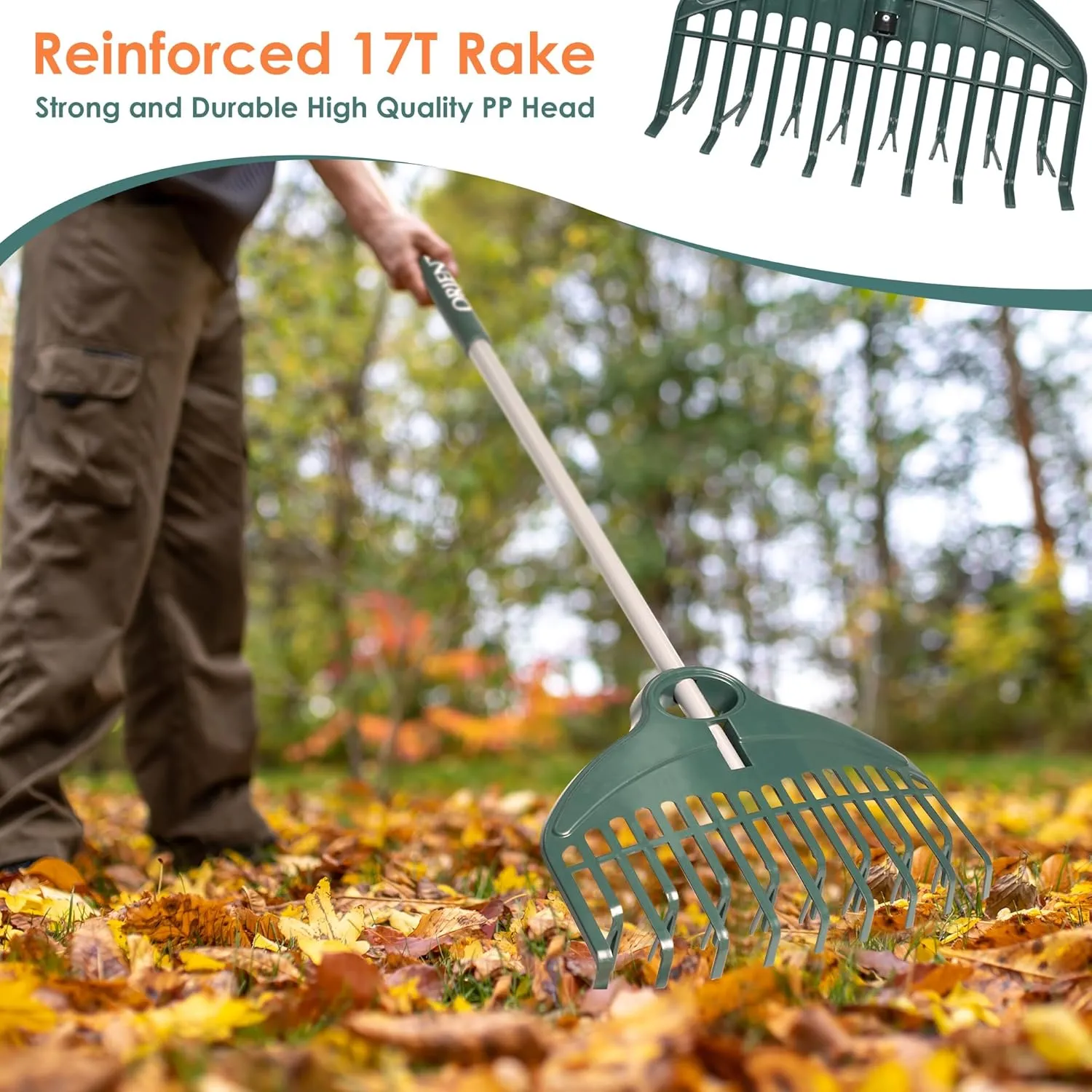 ORIENTOOLS Garden Leaf Rake - 17 Inch Head, Double Row Tine, Lightweight Steel & Poly, Foldable