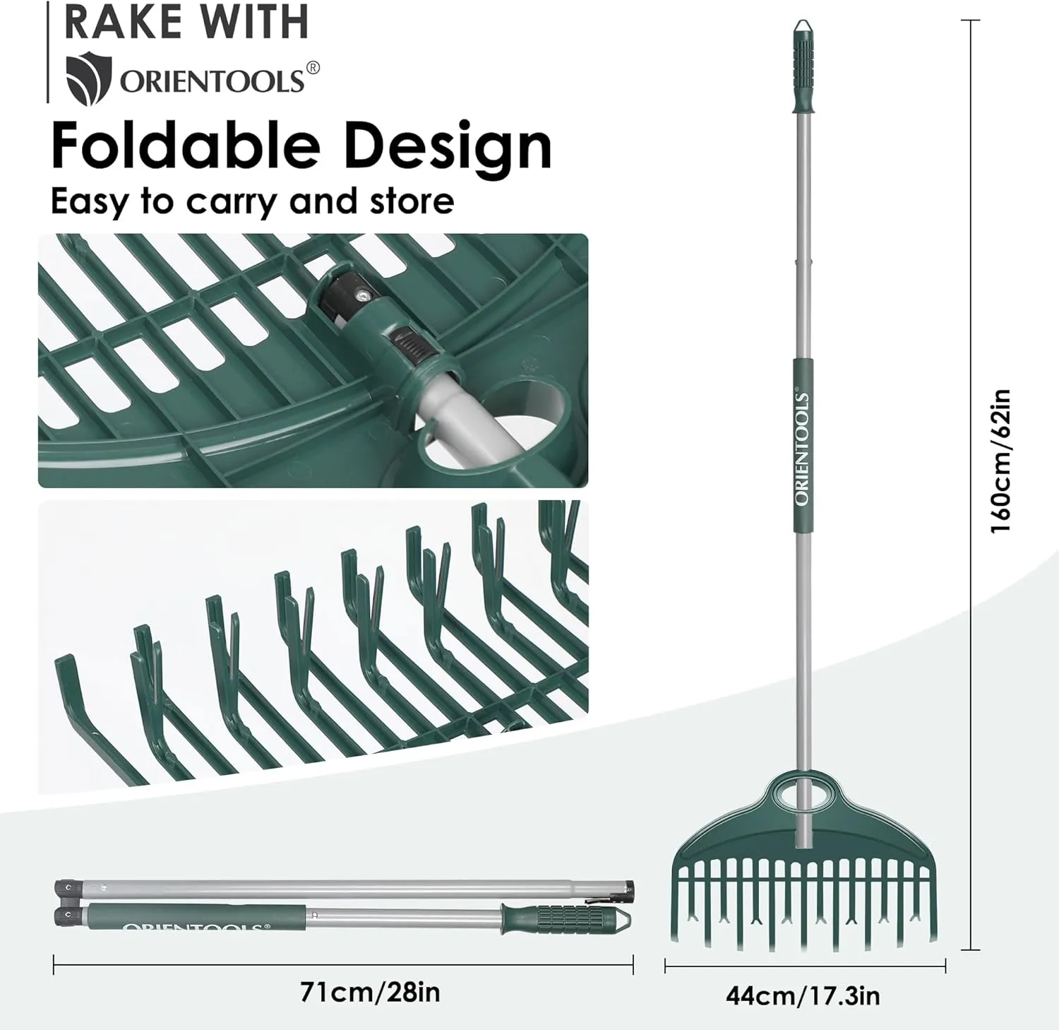 ORIENTOOLS Garden Leaf Rake - 17 Inch Head, Double Row Tine, Lightweight Steel & Poly, Foldable