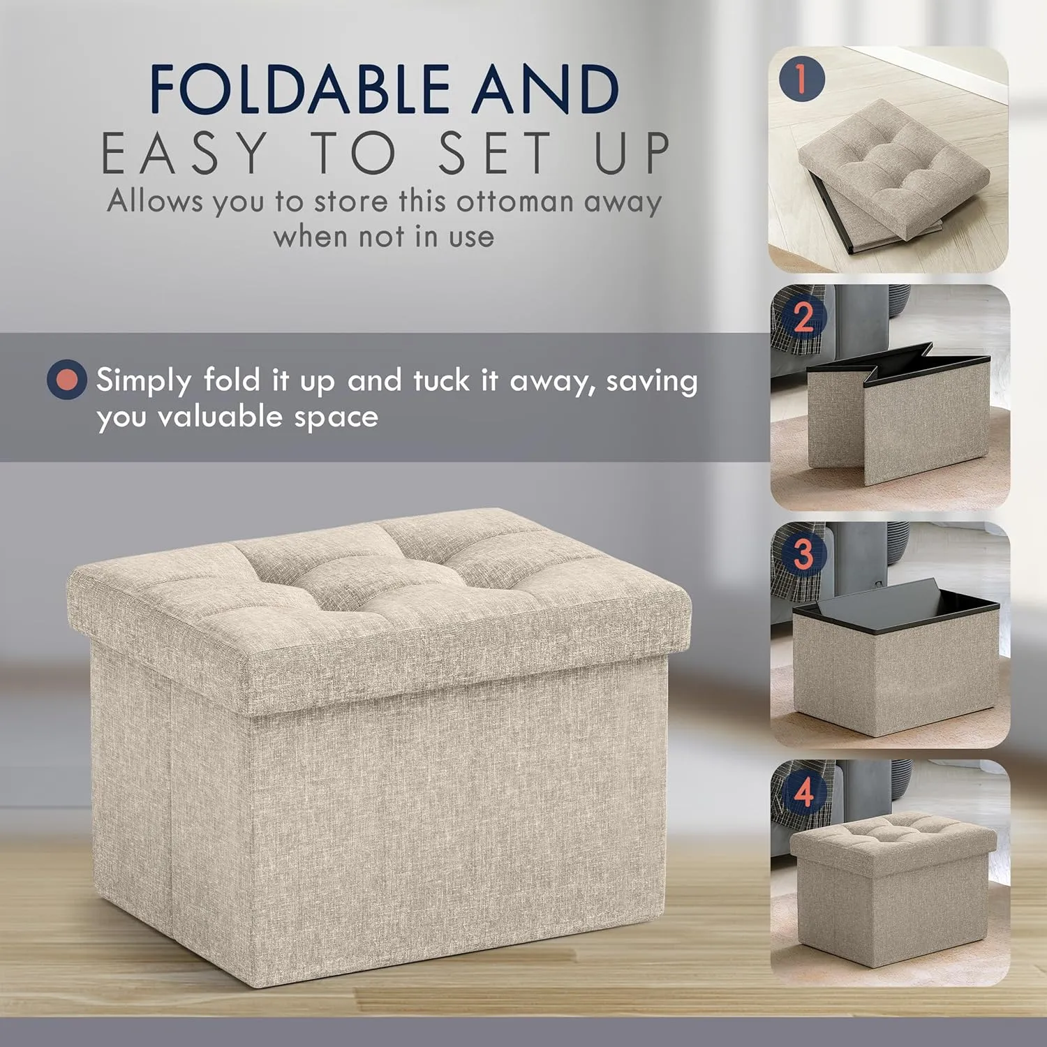Ornavo Home Small Storage Ottoman Foldable Collapsible Rectangle Linen Ottoman Foot Rest Stool Seat, for Living Room, Bedroom, Home Office, Dorm - 12 x 16 x 12, Beige