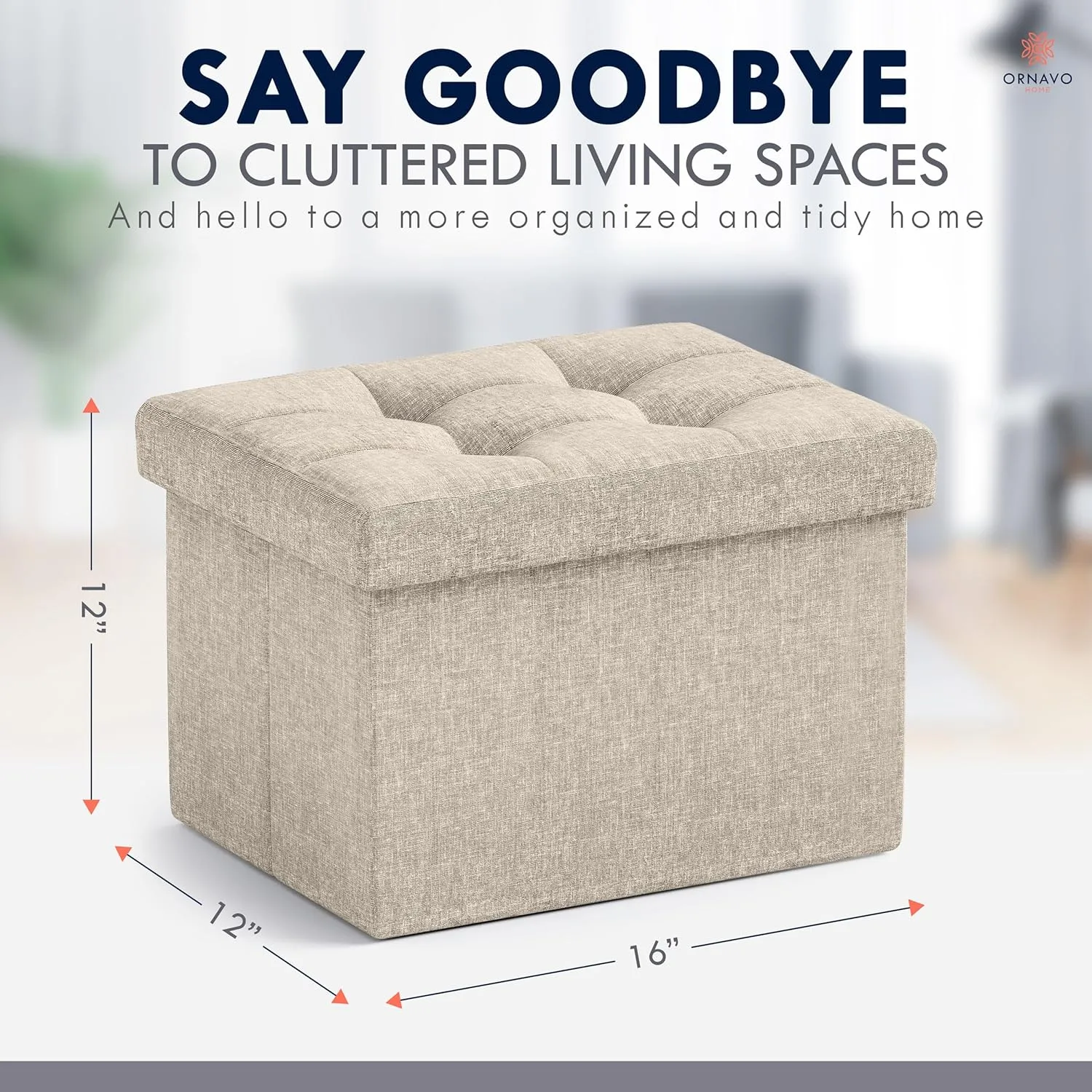Ornavo Home Small Storage Ottoman Foldable Collapsible Rectangle Linen Ottoman Foot Rest Stool Seat, for Living Room, Bedroom, Home Office, Dorm - 12 x 16 x 12, Beige