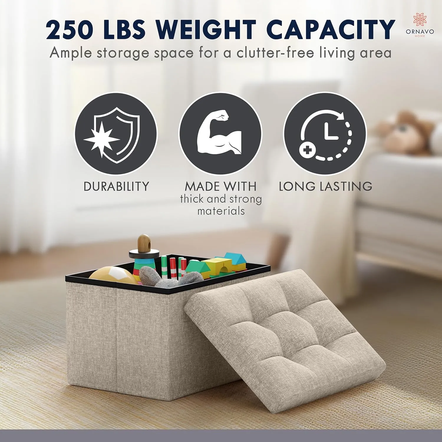 Ornavo Home Small Storage Ottoman Foldable Collapsible Rectangle Linen Ottoman Foot Rest Stool Seat, for Living Room, Bedroom, Home Office, Dorm - 12 x 16 x 12, Beige