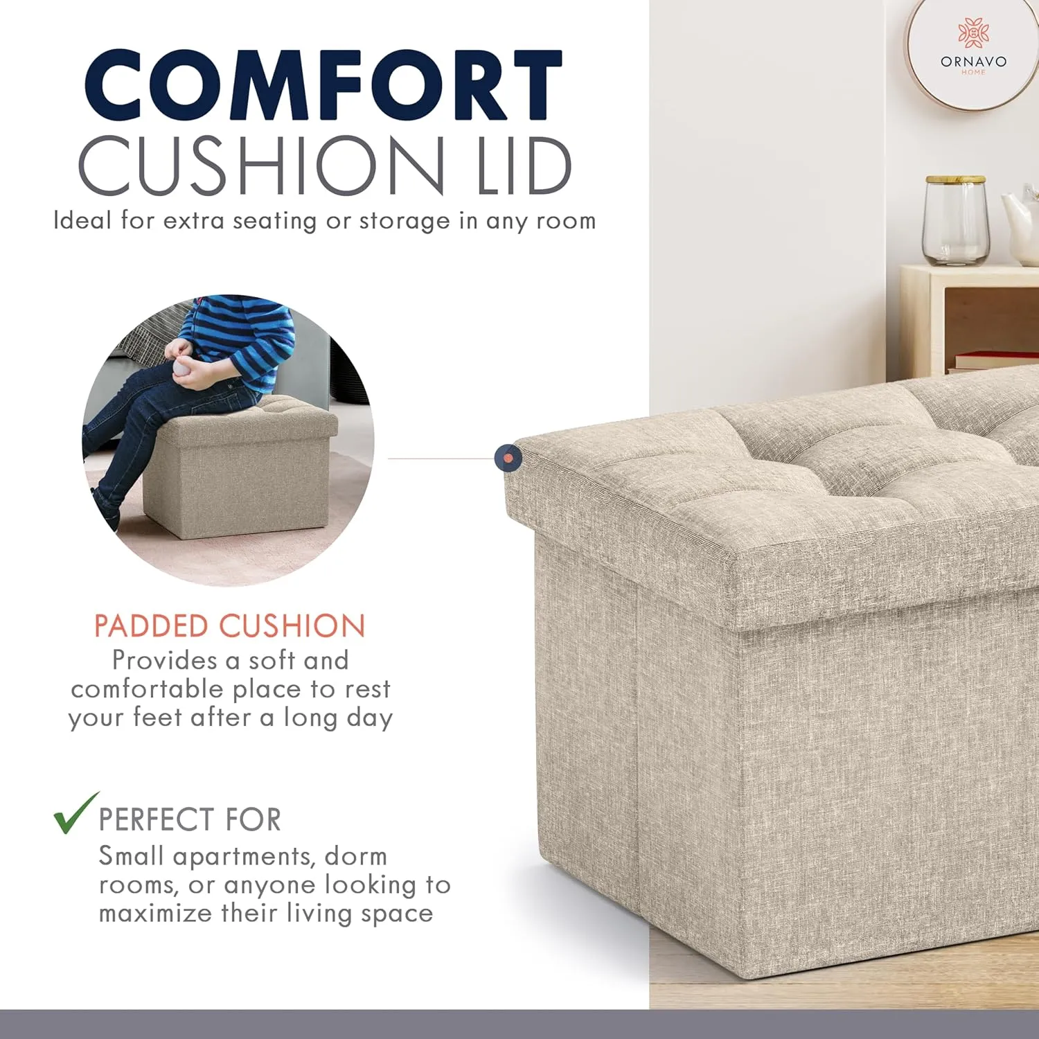 Ornavo Home Small Storage Ottoman Foldable Collapsible Rectangle Linen Ottoman Foot Rest Stool Seat, for Living Room, Bedroom, Home Office, Dorm - 12 x 16 x 12, Beige