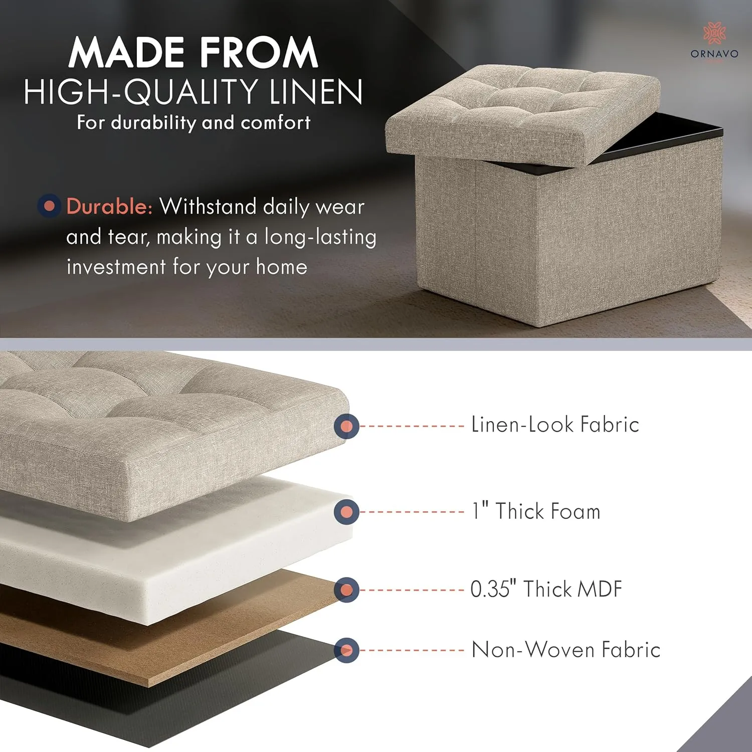 Ornavo Home Small Storage Ottoman Foldable Collapsible Rectangle Linen Ottoman Foot Rest Stool Seat, for Living Room, Bedroom, Home Office, Dorm - 12 x 16 x 12, Beige