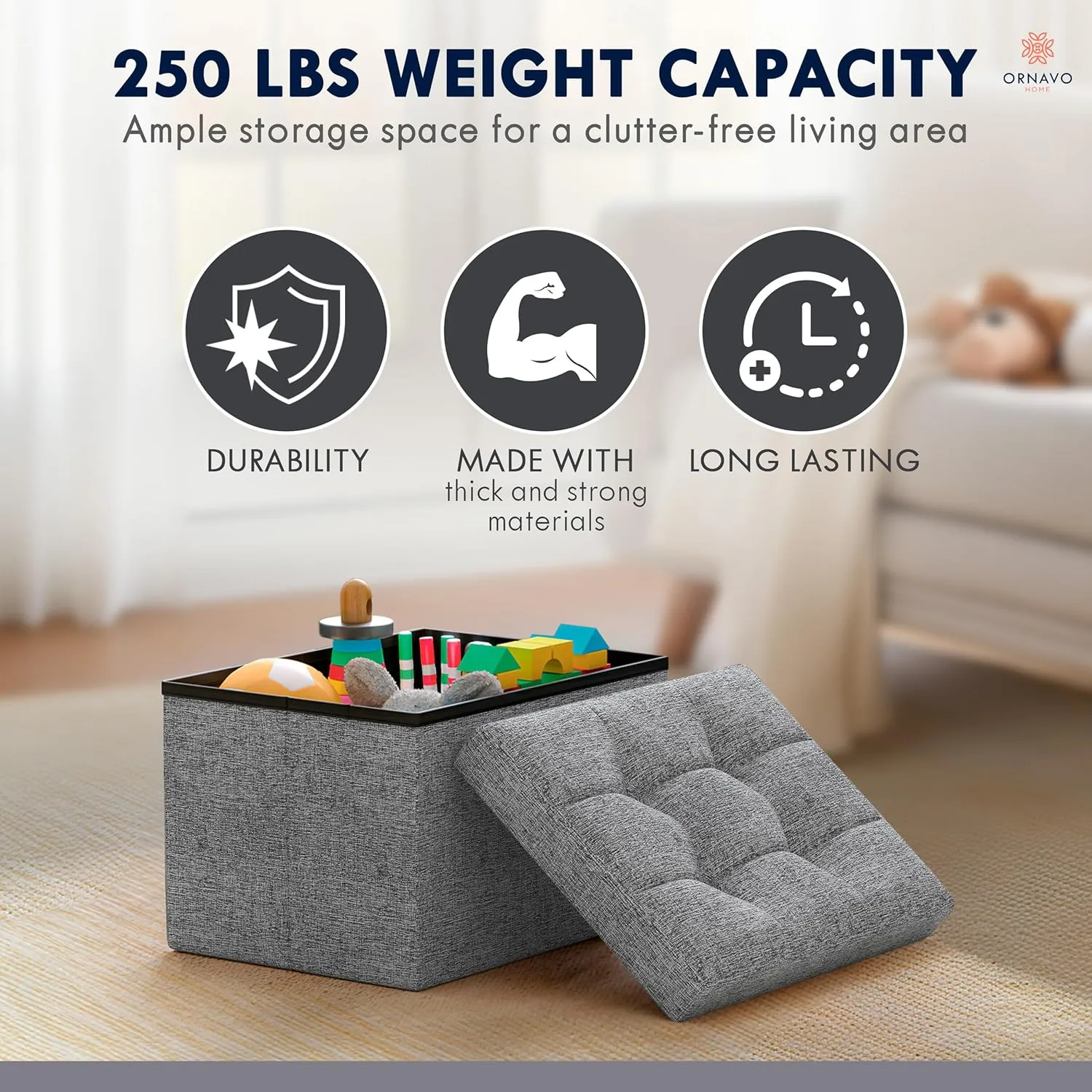 Ornavo Home Small Storage Ottoman Foldable Collapsible Rectangle Linen Ottoman Foot Rest Stool Seat, for Living Room, Bedroom, Home Office, Dorm - 12 x 16 x 12, Gray