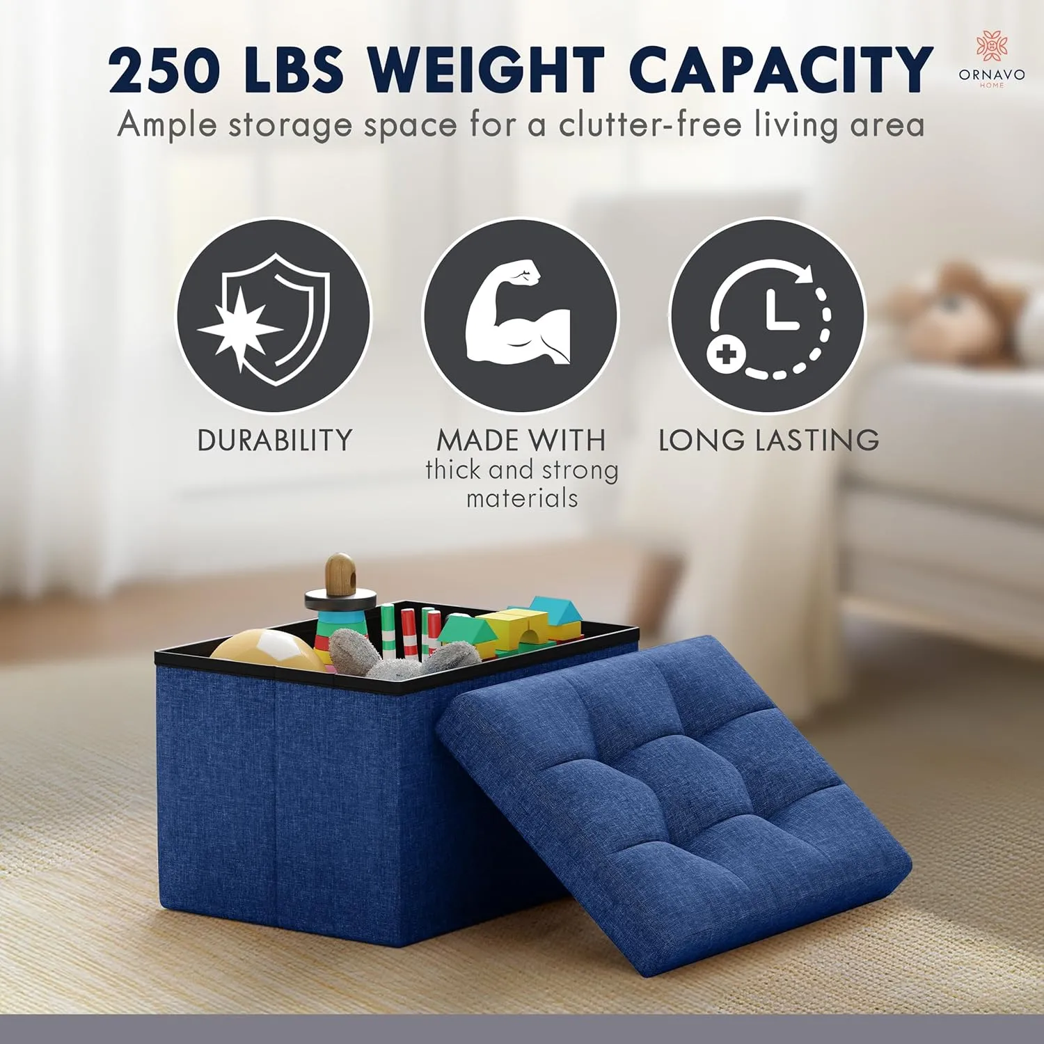Ornavo Home Small Storage Ottoman Foldable Collapsible Rectangle Linen Ottoman Foot Rest Stool Seat, for Living Room, Bedroom, Home Office, Dorm - 12 x 16 x 12, Navy Blue