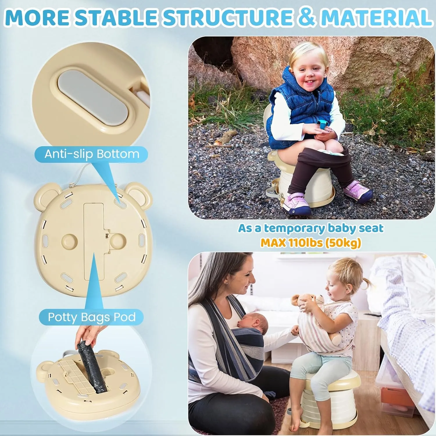 Orzbow Portable Travel Potty Seat for Toddlers with Splash Guard, Foldable Potty Training Toilet for Boys & Girls, On The Go Kids Car Potty, Includes Free Travel Bag and Disposable Potty Liners, Khaki