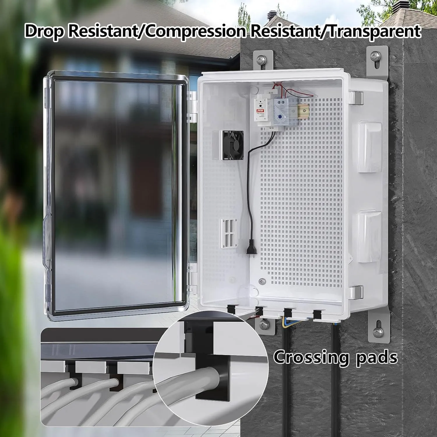 Outdoor Electrical Box with Thermostat and Fan, Ventilated Design, Cable Grommets, Indoor/Outdoor Use with Mounting Panel. (Clear Cover, 15.7"x11.8"x7.1")