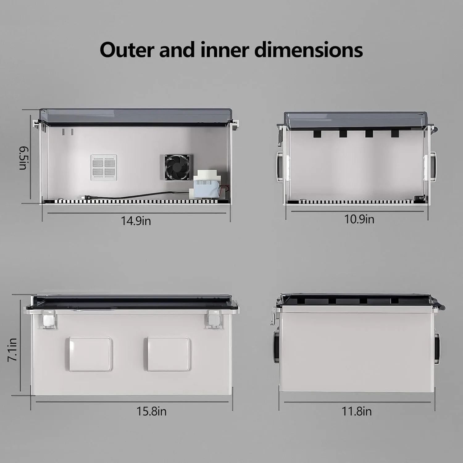 Outdoor Electrical Box with Thermostat and Fan, Ventilated Design, Cable Grommets, Indoor/Outdoor Use with Mounting Panel. (Clear Cover, 15.7"x11.8"x7.1")