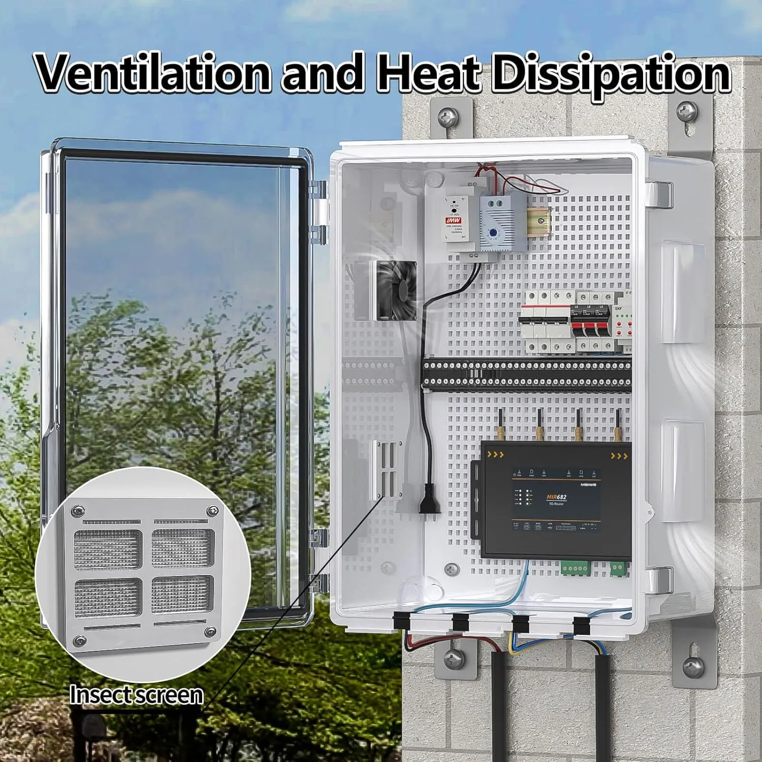 Outdoor Electrical Box with Thermostat and Fan, Ventilated Design, Cable Grommets, Indoor/Outdoor Use with Mounting Panel. (Clear Cover, 15.7"x11.8"x7.1")