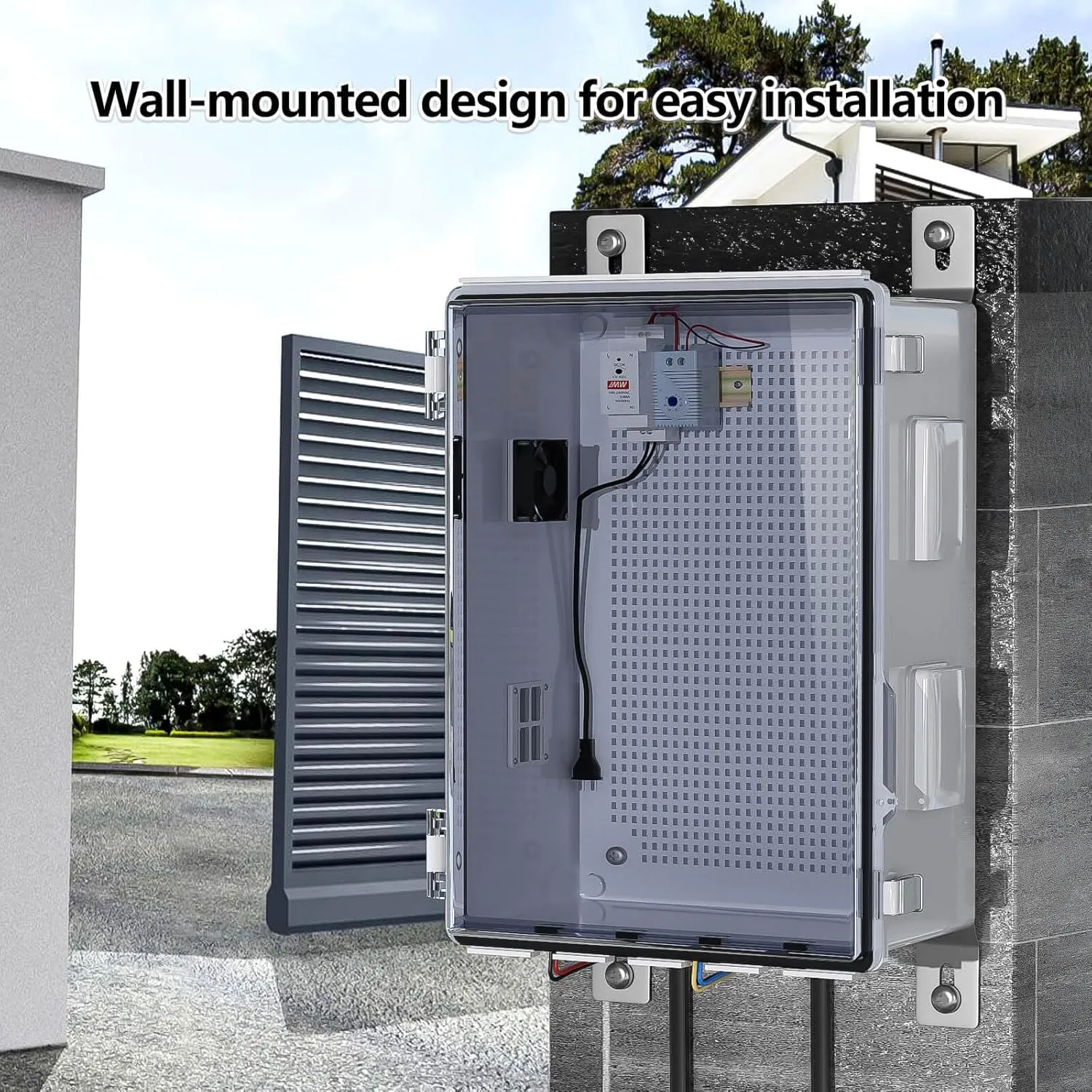 Outdoor Electrical Box with Thermostat and Fan, Ventilated Design, Cable Grommets, Indoor/Outdoor Use with Mounting Panel. (Clear Cover, 15.7"x11.8"x7.1")