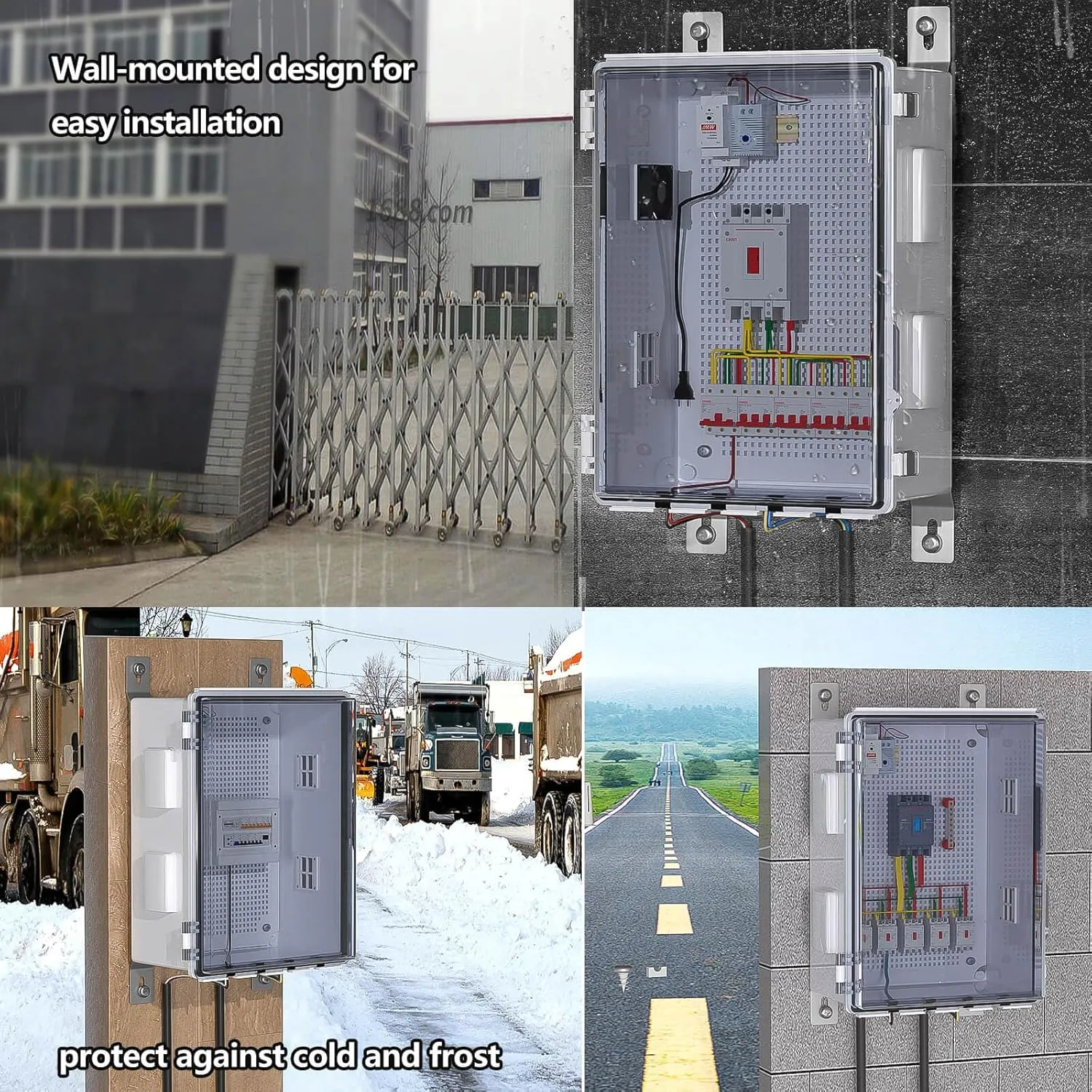 Outdoor Electrical Box with Thermostat and Fan, Ventilated Design, Cable Grommets, Indoor/Outdoor Use with Mounting Panel. (Clear Cover, 15.7"x11.8"x7.1")