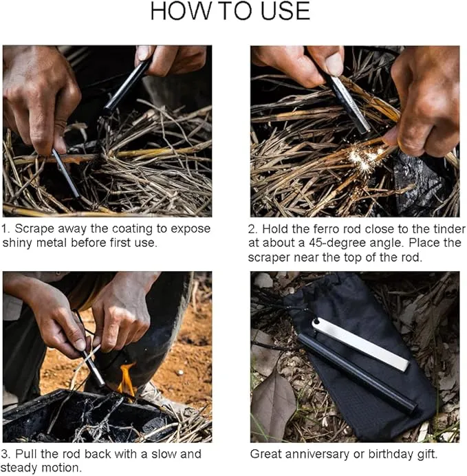 Outdoor Ferro Rod Fire Starter, 5" Long 1/2" Thick Ferrocerium Rod Survival Kit, Waterproof Flint Fire Steel 15,000 Strikes for Camping Hiking